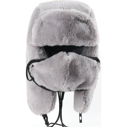 High Quality 2021 Thermo Winter Faux Fur Hat Women Bomber Hats Warm Pink Ski Earflaps Mask Soviet Hat Russian Snow Cap