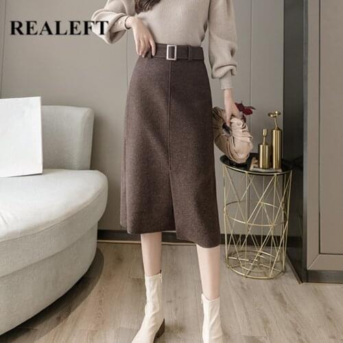 REALEFT Woolen A-Line Women Skirt with Belt 2020 New Autumn Winter Fashionable Office Lady High Waist Elegant Split Midi Skirt