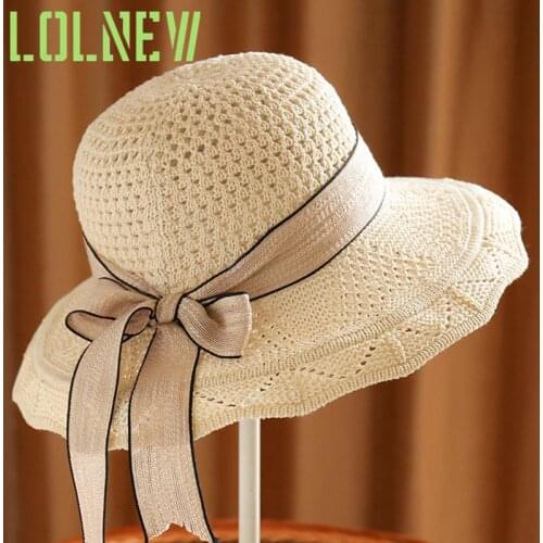 Women Empty Bow Sun Hat UV Protection Bow Sun Cap Foldable Beach Woven Raffia Ribbon