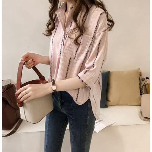 PIPIMOTHER Women Large Loose Casual Fashion Shirt Quarter Sleeve Striped Shirt