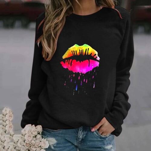 Women Sweatshirt Rainbow Gradient Lips Print O-neck Long Sleeve Pullovers Female Girls Streetwear Autumn Winter Female Clothes