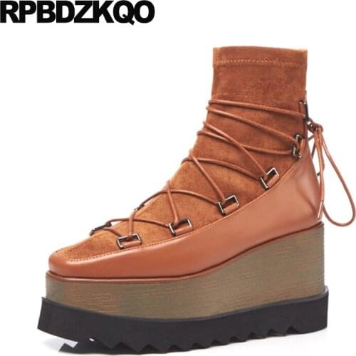 Wedge Platform Fur Stretch Shoes Muffin Square Toe High Heel Ankle Flatform Brand Women Winter Boots Genuine Leather Lace Up