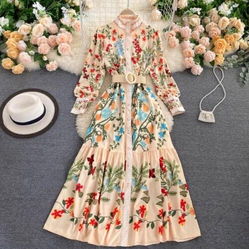 Women Vintage Print Dress Autumn Stand Collar Button Palace wind Long Sleeve Fashion Chic Flower Streetwear Maxi Dresses
