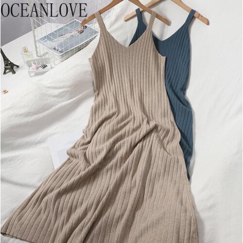OCEANLOVE Auutmn Knitted Vestidos Solid V Neck Vintage Chic Autumn Winter Women Dress Stretch Slim Sexy Long Dress 18321