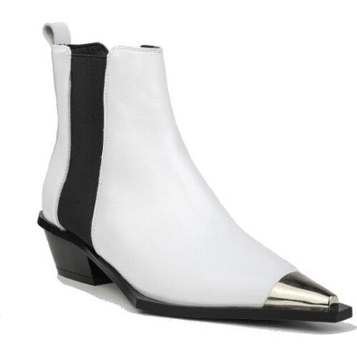 Plus Size 43 Winter Metal Pointed Toe Block Heel Boots Women British Style Genuine Leather Ankle Boots Vintage Chelsea Boots