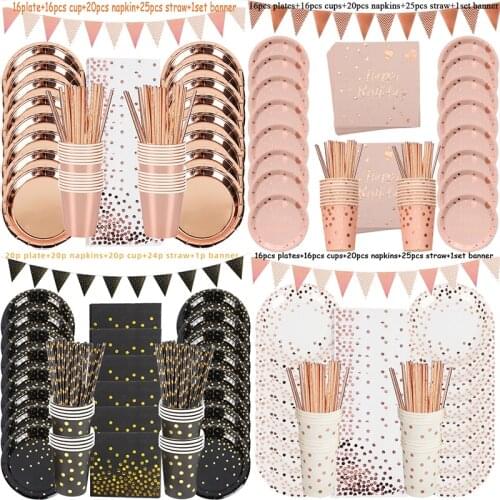 78pcs Birthday Bronzing rose Gold Foil Dots Tablewares Paper Cup Disposable set For Wedding Birthday party decoration kid Adult