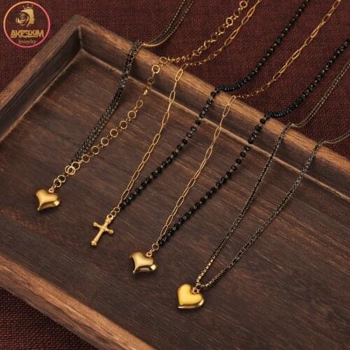 Akizoom 4 Designs Minimalist Gold Color Cross Pendant Necklaces Asymmetric Beads Chain Heart Stainless Steel for Women Gift