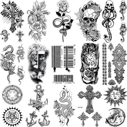 Black QR Code Skull Cross Temporary Tattoos For Women Adult Men Mandala Flower Anchor Snake Fake Tattoo Fashion Washable Tatoos