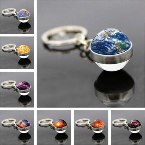 FIMAODZ Solar System Earth Keychain Galaxy Nebula Space Moon Sun Mars Planet Double Sided Glass Ball Pendant Key Chain Gift