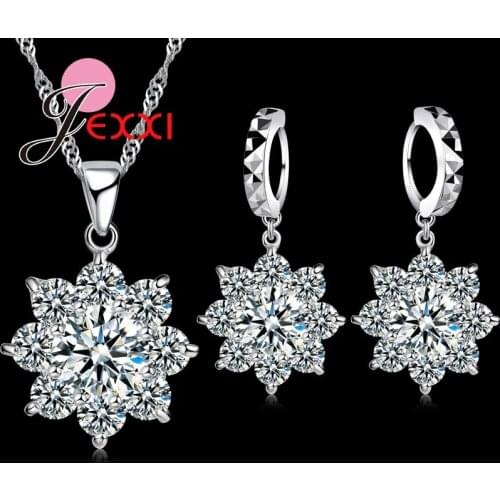High Qualtiy Romantic Silver Crystal Snowflake Wedding Jewelry Sets Flower Necklace Drop Earrings for Women Bride