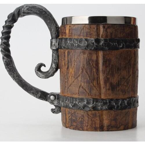 550ML Viking Drinking Mug Wood Style Beer Mugs Simulation Wooden Barrel Coffee Cup Double Layer Water Mug Metal Handle