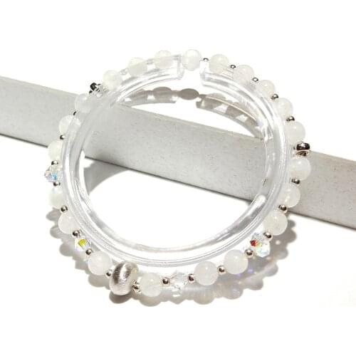 Lii Ji Natural Moonstone 5mm Beads Austrian Crystal 925 Sterling Silver Platinum Color Stretch Bracelet