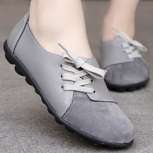 Casual shoes women round toe cross tied loafers Patchwork Gary Boat shoes flats plus size Genuine Leather shoes woman