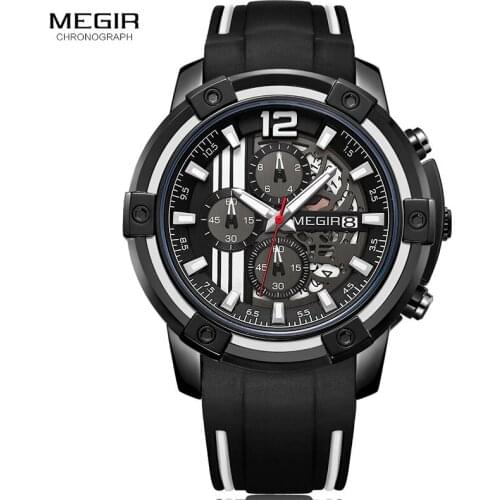 Megir Mens Military Sports Quarts Watches Top Brand Chronograph Wrist Watch for Man Silicone Strap 3atm Waterproof 2097 Black