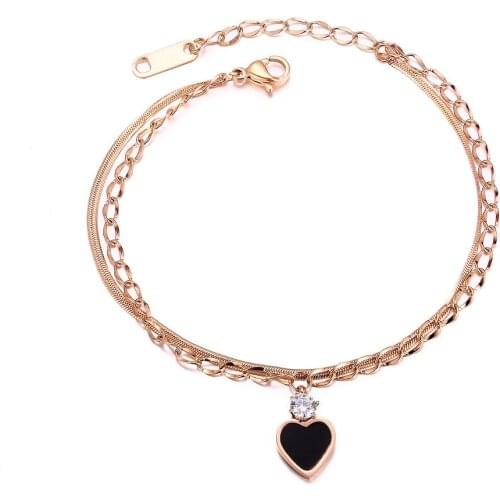 JHSL Fashion Jewelry Rose Gold Color Stainless Steel Girlfriend Gift Female Women CZ Stone Bracelets Bangles with Heart Charm