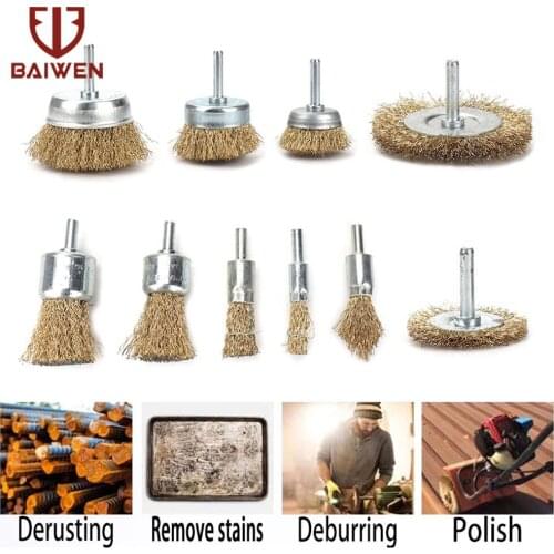 10pcs Brass Wire Wheel Brush Set Dremel Rotary Abrasive Tools 1/4'' Shank for Drill Dremel Metal Rust Removal Corrosion Paint