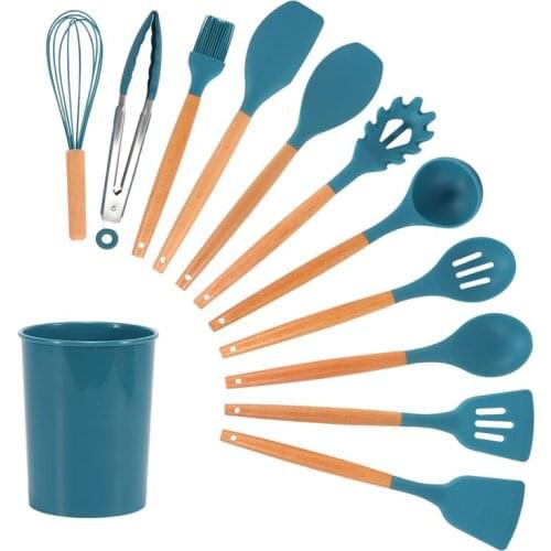 11 Pcs/set 8 Colors Silicone Cooking Utensils Set Wooden Handle Non-stick Spatula Ladle Pasta Colander Cookware Tool