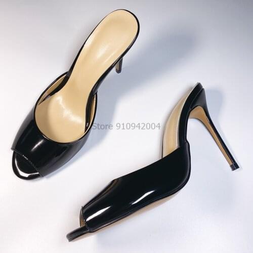 New Brand High Heel Sandal Deep Toe 10CM Women Slip On Slides Elegant Mule Shoes Outdoor Leisure Slipper Patent Leather Mujer
