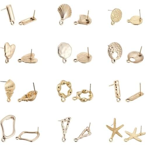 Pandahall 48pcs/set Alloy Stud Earring Findings with Loop Heart Shell Flat Round Light Gold For Woman Girl Gift Handmade Craft