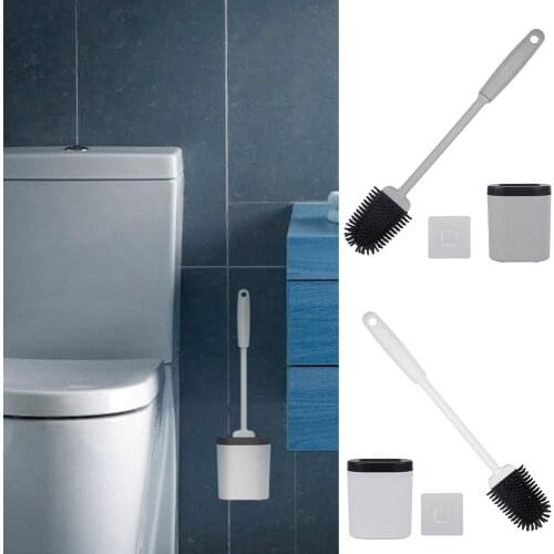 Toilet Brush Water Leak Proof With base Silicone Wc Flat Head Flexible Soft Bristles Brush with Quick Drying Holder Set