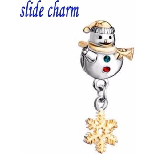 Slide charm Free shipping Mothers Day luxury brand drape golden snowflakes snowman fit Pandora charm bracelet Christmas 1
