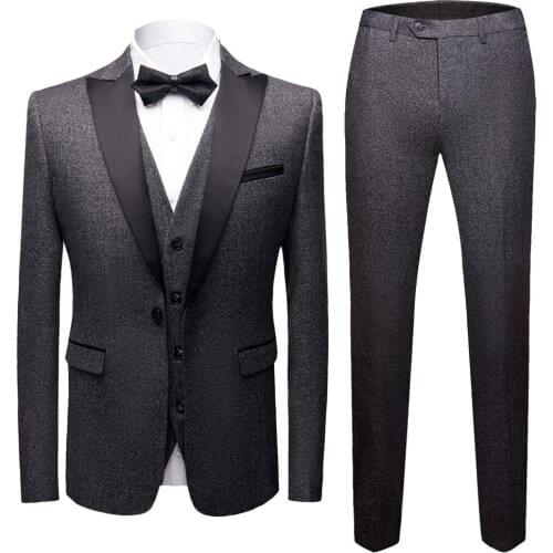 3 Piece Wedding Tuxedo Suits With Black Satin Peak Lapel 2020 Groomsmens Wedding Suits Tuxedos Tailor Made Men Suits