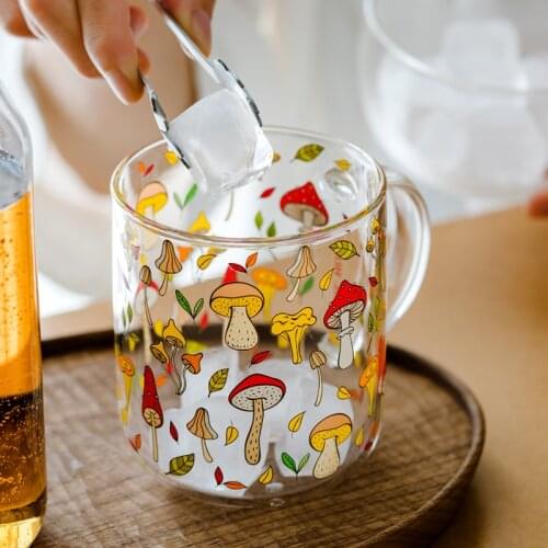 Heat-Resistant With Handle Glass Mug Breakfast Milk Cup Cute Office Home Coffee Mugs Lemon Mushroom Pumpkin Pattern