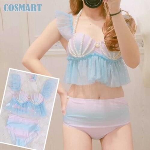[STOCK] Cute Beach Swimsuit Mermaid Bikini Swimwear Gradient Shell Bra Pearl Decoration Summer Lolita Sweet Cloth New