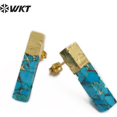 WT-E548 Natural Blue Vein Turquoises Earring Rectangle Shape Gemstones Earring Gold Capped Stud Earring Jewelry