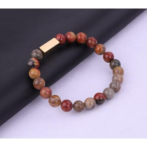 Fashion Men Women Jewelry Custom Logo Text Stainless Steel Bar Natural Stone Beaded Elastic Bracelet Women Men