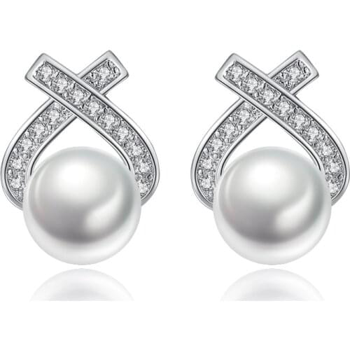 S925 Silver Earring Crystal Sparkling Love and Pearl Stud Earring For Women Wedding Gift Lady Girl Fashion Zircon Jewelry