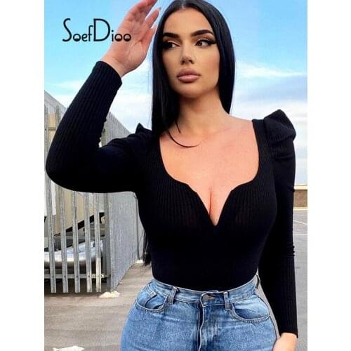 Soefdioo V-neck Long Sleeve Sexy Sheath Skinny Rompers Women Knitted Bubble Sleeve Bodysuits Autumn 2021 Fashion Streetwear