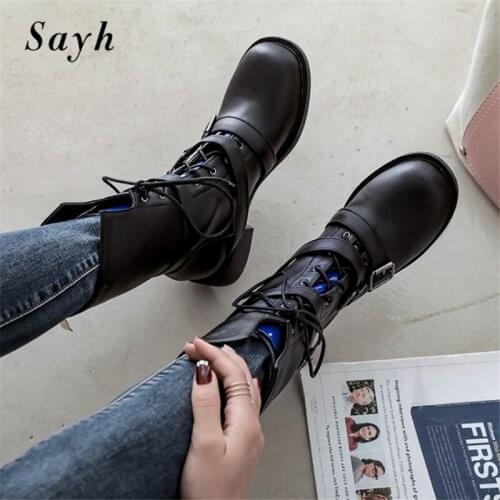 Winter Women Mid Calf Boots Punk Motorcycle Boots Zipper Metal Buckle Patent Leather Boots Cosplay Martin Shoes Black Size