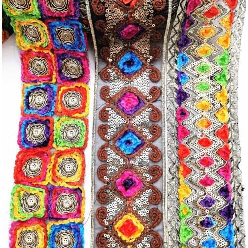 1 Yard Ethnic Embroidery Lace Sequin Embroidery Ribbon Sewing Lace Fabric for Bag Clothing Craft Accessories