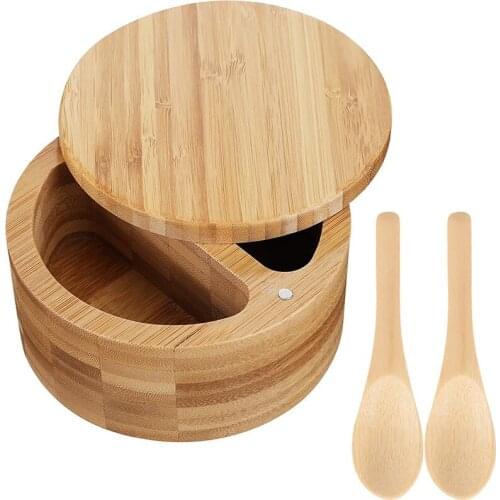 FQYL Compartment Bamboo Salt Pepper Box with Magnetic Swivel Lids and 2 Pieces Mini Bamboo Spoons for Kitchen Tool