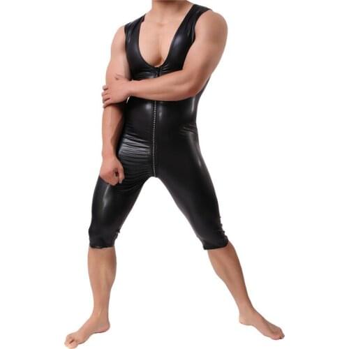 Faux Leather Men Bodysuits Zipper Open Crotchless Catsuit Jumpsuits Wrestling Singlet Leotard Wet Look Stage Dance Gay Clubwear