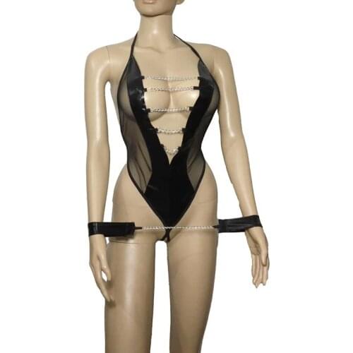 Sexy Women Faux Leather Sheer Mesh Leotard Bikini Back Teddy Drape Chain Plunge Neck Bodysuit With Wrist Cuffs Fetish Lingerie
