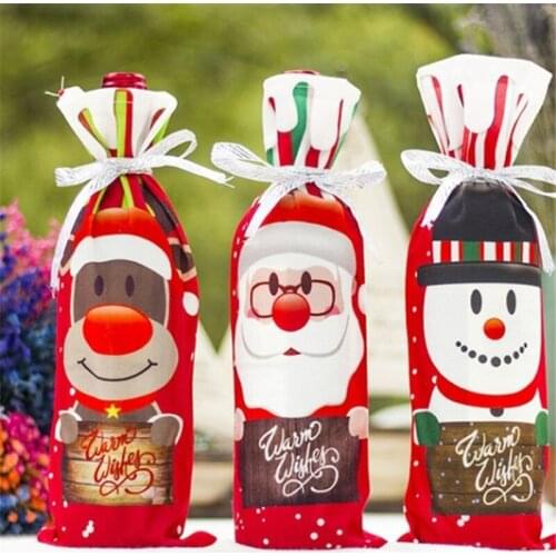 Table Decor Dinner Party Red Wine Christmas Santa Tree Bottle Cover Bags Sets Bottle Decor For New Year Xmas Dinner Party