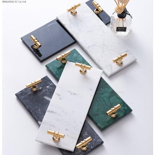French Natural Marble Decorative Tray Metal Handle Single Hole Rectangular Household Storage Tray Cosmetic Jewelry Storage Board