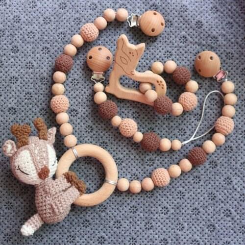 Baby Pram Stroller Hanging Pendant Pacifier Chain Clip Infants Wooden Teether Bracelet Rattle Nursing Chewing Toys Shower Gifts