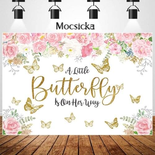 Butterfly Baby Shower Photo Backdrops Pink Floral Gold Girl Birthday Party Photography Background Dessert Table Decoration Props