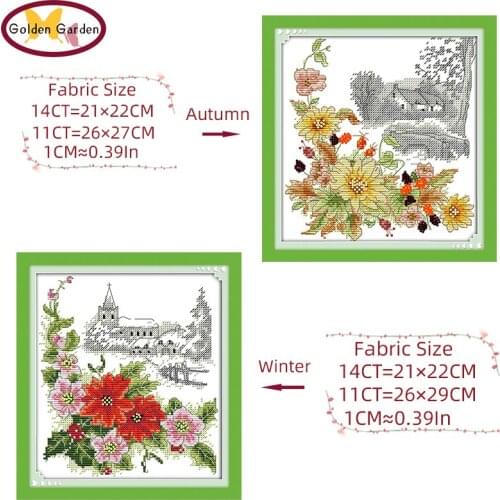 GG Four Season Flower Counted Cross Stitch Embroidery Sets 11CT 14CT DIY Kits Needlework Cartoon Cross Stitch Pattern for Kids