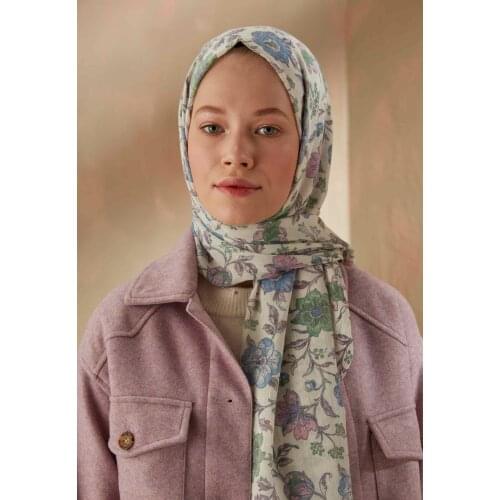 Cotton Hijab Scarf Flower Garden Patterned Shawl Blue-Green 2021 Fashion Islamic Arabic Modern Turban for Women and Young Girls