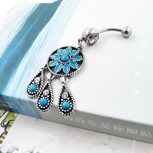 JHJT 14G Stainless Steel Blue Crystal Dream Catcher Belly Button Rings Feathers Dangle Navel Piercing Jewelry Body Jewelry