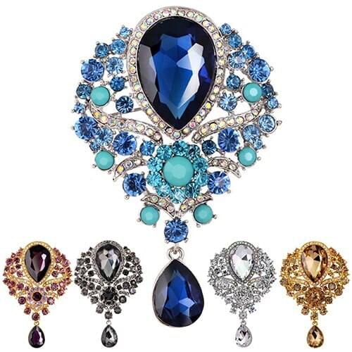 Classic Crystal Rhinestone Teardrop Dangle Brooches For Women Wedding Bridal Bouquet Pin Hijab Scarf Corsage Coat Sweater Clips