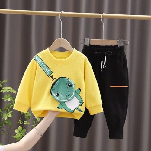 2021 Boys Spring and Autumn Cartoon Dinosaur Printed Bag Set Children Baby 1-5 Years Old Round Neck Black Trousers Two-piece Set