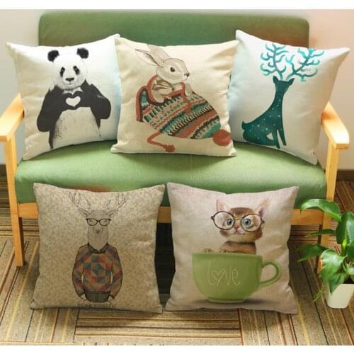 18" Linen Home Decor Pillows Panda Deer Cat Lovely Cute Cotton Linen Car Cushion Decoration Sofa Throw Pillow Housse de Coussin