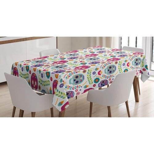 Mexican Different Mexico Latin Día de Muertos Skull with Flower and Branchs Artwork Dining Room Kitchen Table Cover