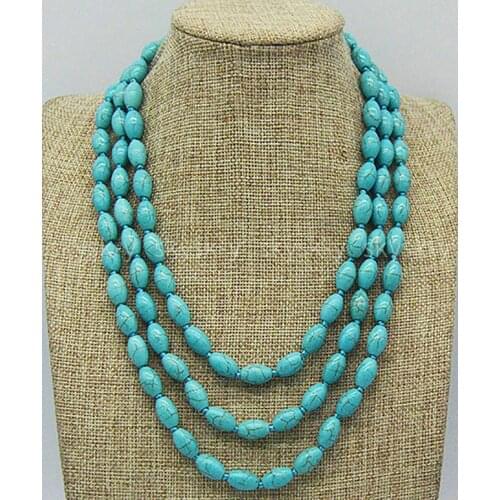 Fashion 3 Rows 6mm & 8x12mm Blue Turquoise Round Rice Gemstone Necklace 18-20