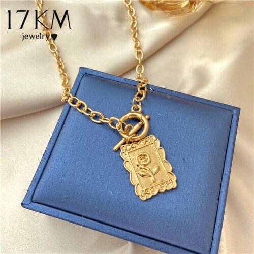 Fashion Gold Lock Rose Pendant Necklace For Women Girls Geometric Square Coin Sweater Necklaces Party Jewelry